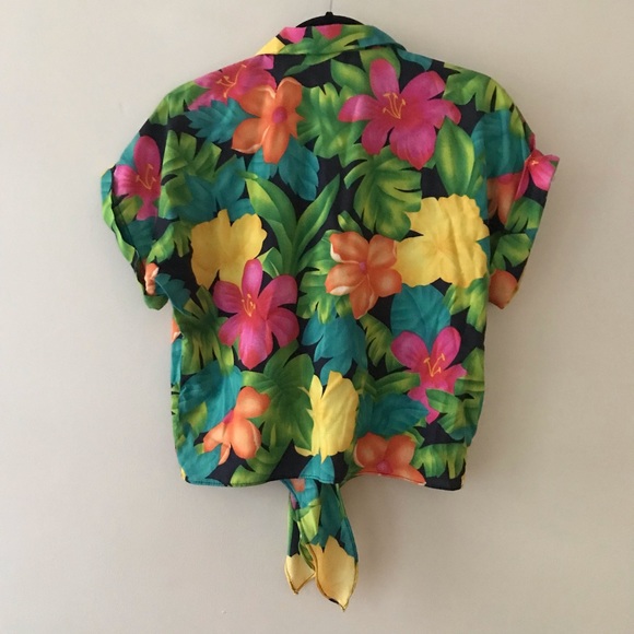 Vintage 90s Hawaiian Tropical Floral Tie-Waist Buttonup Cropped Blouse Sz Large - Picture 6 of 6